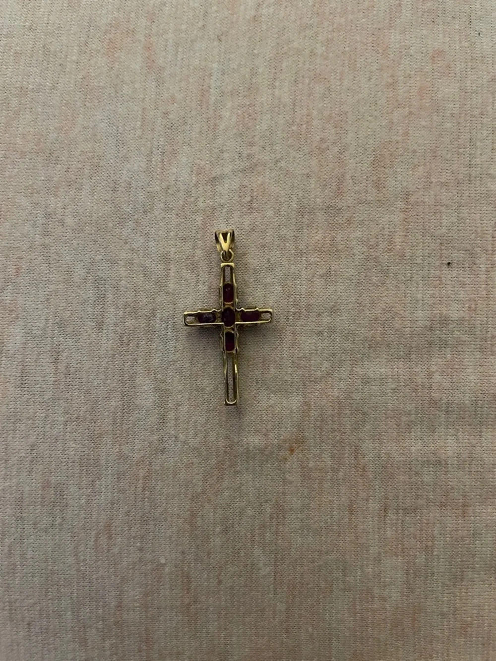 Gold Cross Pendant with Deep Red Gemstones - Picture 2 of 2